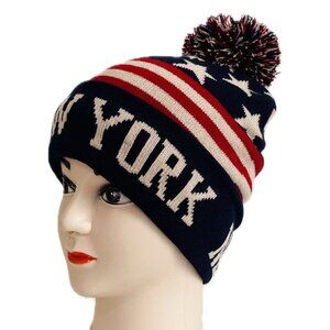 USA Flag Stripes Stars New York Pom Pom Winter Knit Beanie Hat Red Blue Beige